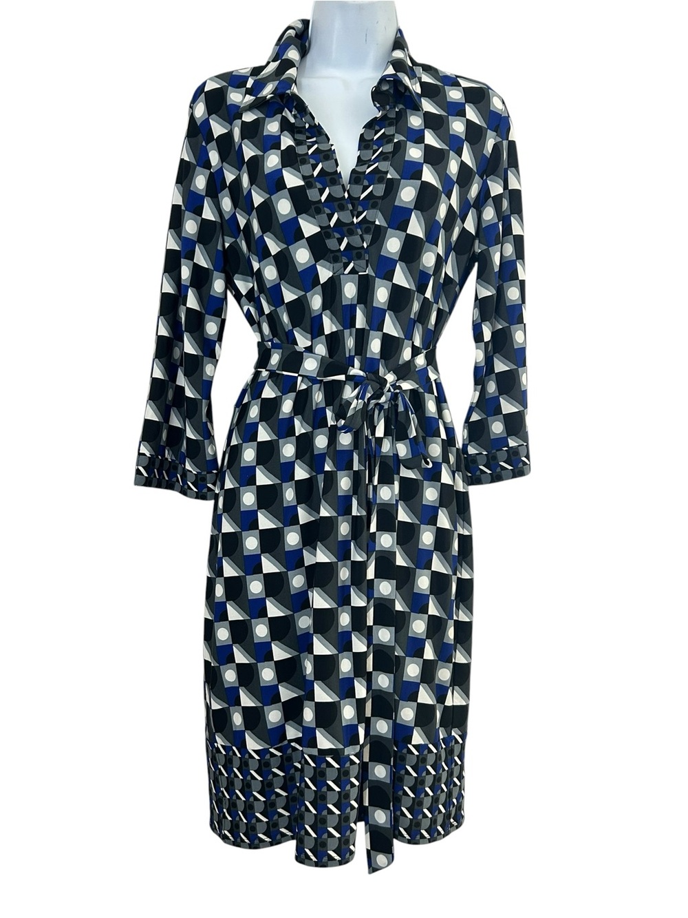 Laundry Shelli Segal Vtg Y2K Geometric Shirt Dress 8 Navy Black Lorelei Gilmore
